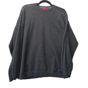 IZOD Mens Crewneck Sweater Large Gray Cotton Knit Blue Piping‎ Ribbed Shoulder